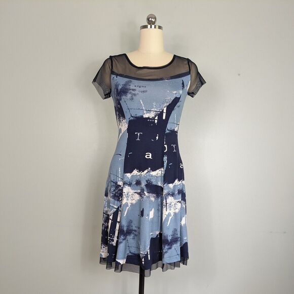 Graphic Print Mini Dress 4 Blue Knit Mesh French T Shirt Flare Blue Luc Fontaine - Picture 3 of 10